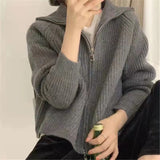 Hong Kong style design double zipper knitted cardigan fashion casual jacket autumn and winter college lapel sweater women's clothing