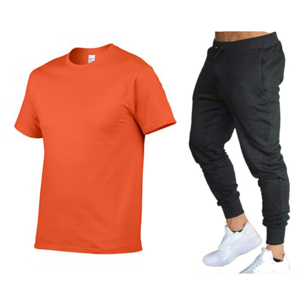 VLOVELAW  Summer Men's Solid Color Simple Set Crew Neck Cotton T-Shirt + Trousers Fashion Hundred. Match Two-piece Set