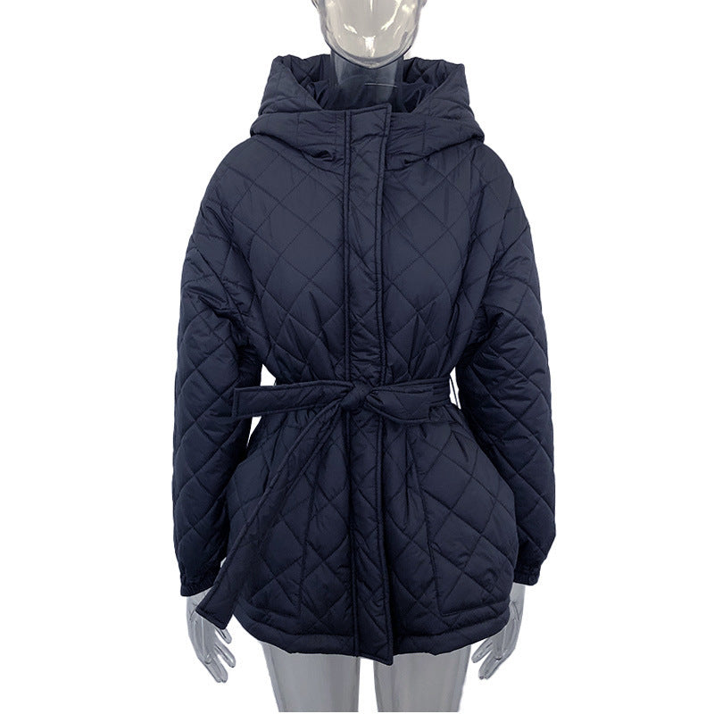 Cross-border foreign trade independent station Europe, America, autumn and winter hooded cotton-padded clothes, solid color warm jacket, top, women's single-breasted buckle with belt