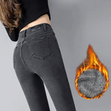 High Waist Stretch Jeans for Women Spring and Summer New Slim Fit Slimming and Fashionable Black Tight Trousers Fleece-lined Thickening Tapered Pants