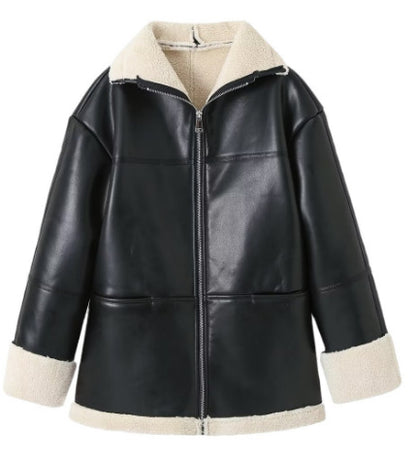 European and American cross-border women's clothing 2023 autumn and winter new fashion cashmere leather fur collar composite medium and long coat leather jacket