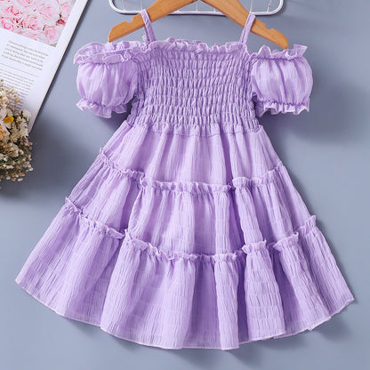 VLOVELAW Foreign Trade Children's Wear Western Style Girl Dress Summer New Girl Puff Sleeve Spaghetti Straps Chest Wrap Ruffled Princess Dress