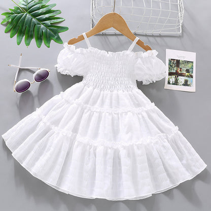 VLOVELAW Foreign Trade Children's Wear Western Style Girl Dress Summer New Girl Puff Sleeve Spaghetti Straps Chest Wrap Ruffled Princess Dress