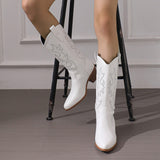 Cross-Border Foreign Trade plus Size Boots Women's Chunky Heel Pointed Toe High Leg Boot High Heel Boots White Western Denim Knight Boots