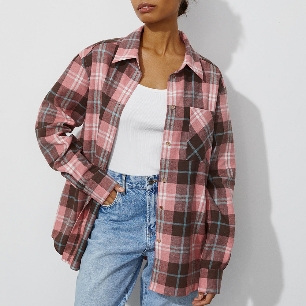 VLOVELAW  plaid shirt 2025 popular spring girl classic OVERSIZE loose versatile plaid neutral style shirt