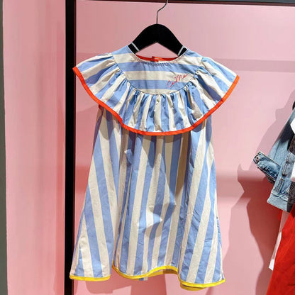 VLOVELAW South Korea Children's Clothing  Summer New Girls' Large Lapel Striped Dress Children's Little Girl Sleeveless Princess Dress