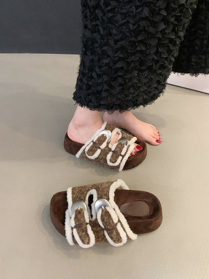 Thick-soled fluffy shoes for women to wear outside popular new autumn and winter gentle fairy buckles to increase the height of one pedal and cotton slippers