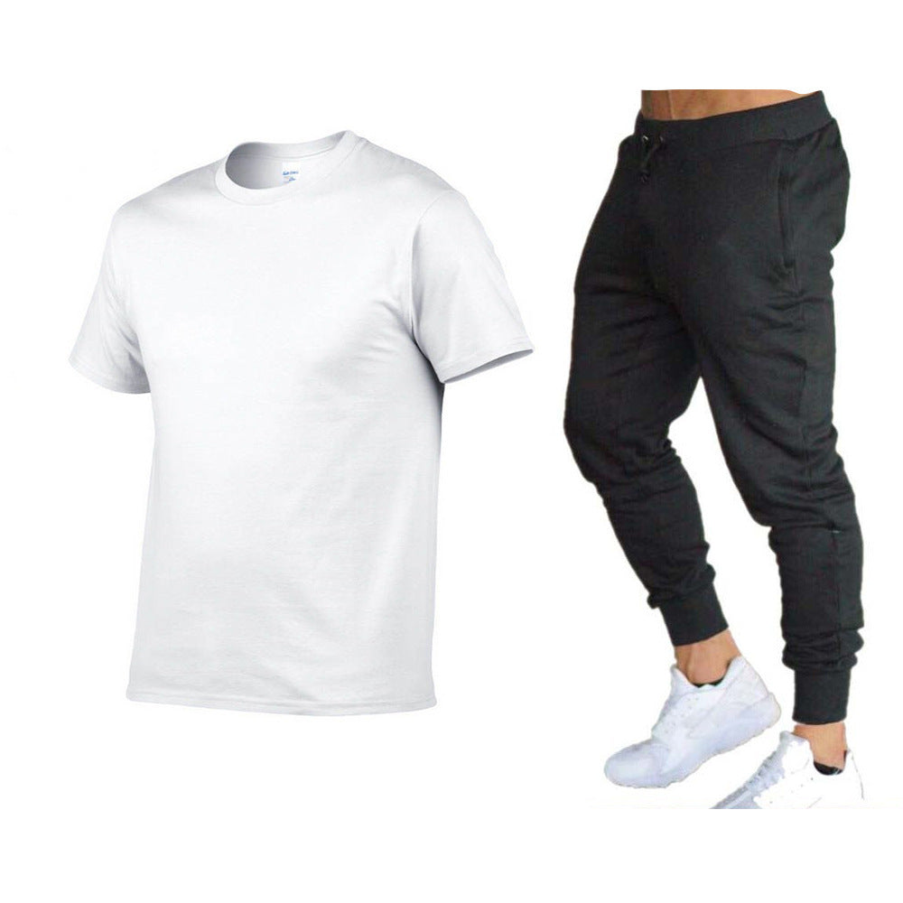 VLOVELAW  Summer Men's Solid Color Simple Set Crew Neck Cotton T-Shirt + Trousers Fashion Hundred. Match Two-piece Set