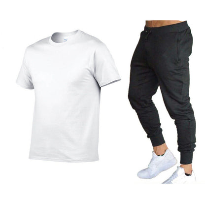 VLOVELAW  Summer Men's Solid Color Simple Set Crew Neck Cotton T-Shirt + Trousers Fashion Hundred. Match Two-piece Set