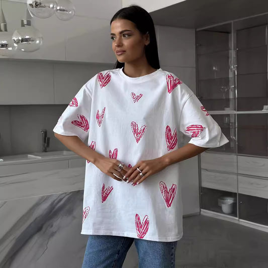 VLOVELAW  love printing T-shirt 2025 popular summer new street trend hand-painted love printing short-sleeved T-shirt