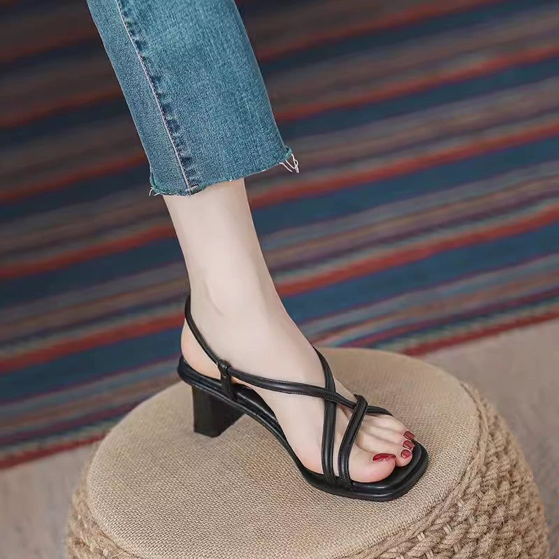 VLOVELAW  Style High-Grade Open Toe Sandals for Women  Summer New Elegant Chunky Heel Cross Strap Fashionable All-Match Roman Shoes