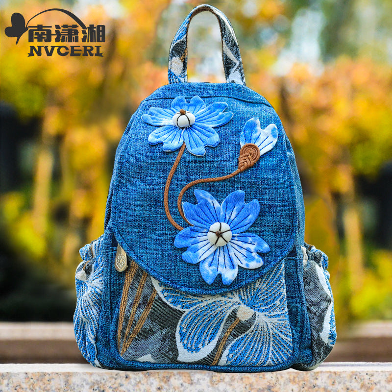 Backpack Women's Cotton Linen Canvas Small Backpack Ethnic Style Handicraft Tie-Dyed Blue Art Backpack Travel Leisure Bag