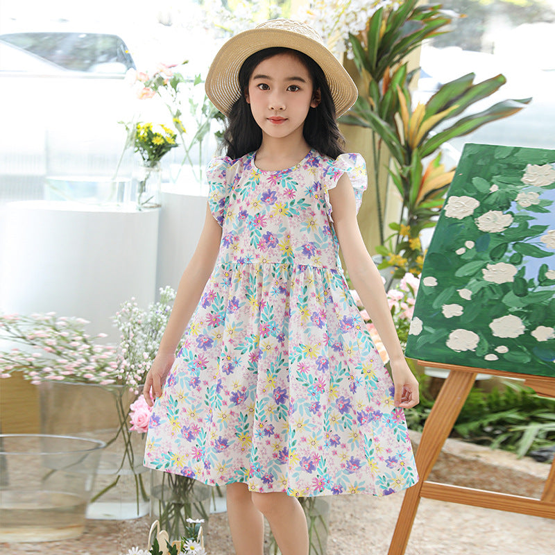 VLOVELAW Girls' Floral Dress Artificial Cotton Nightdress Summer Ruffles Flounced Sleeve Princess Dress Middle and Big Children Little Girl A- line Skirt