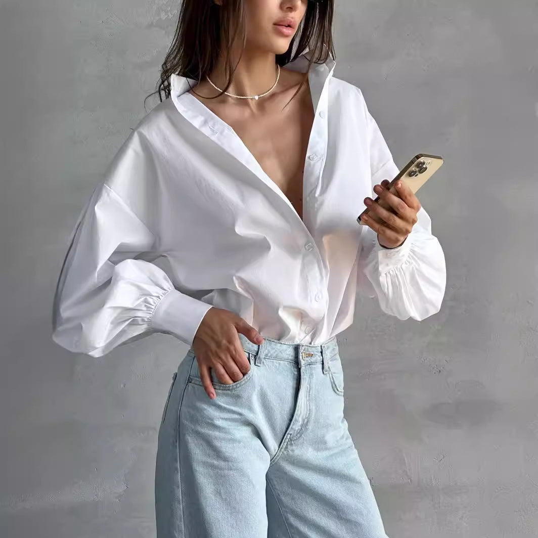 VLOVELAW  lantern sleeve women's shirt Popular and 2025 popular summer lazy temperament commuting versatile round neck lantern sleeve shirt