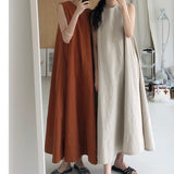 VLOVELAW In Stock Cross-Border One Piece Dropshipping South Korea Chic Style Loose Oversized Sleeveless Pumpkin Color Long Cotton and Linen Dress