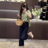 VLOVELAW Summer New Fashion Floral Short Sleeve Shirt Top All-Match Slimming and Straight Jeans Two-Piece Suit for Women