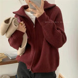 Hong Kong style design double zipper knitted cardigan fashion casual jacket autumn and winter college lapel sweater women's clothing