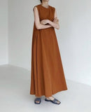 VLOVELAW In Stock Cross-Border One Piece Dropshipping South Korea Chic Style Loose Oversized Sleeveless Pumpkin Color Long Cotton and Linen Dress