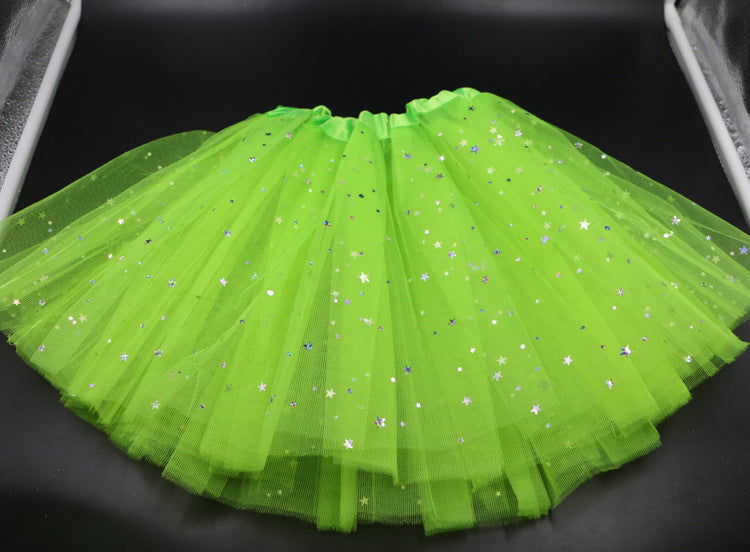 VLOVELAW Dance Tutu Skirt Children's Day Performance Skirt Princess Dress Girl's Three-Layer Mesh Sequins Five-Pointed Star Half-Length Pettiskirt