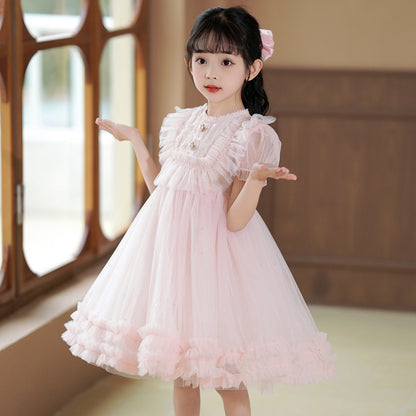 Girls' Dress Summer New Baby Puff Sleeve Lace Princess Dress Children's Performance Dress Puff Gauze Skirt