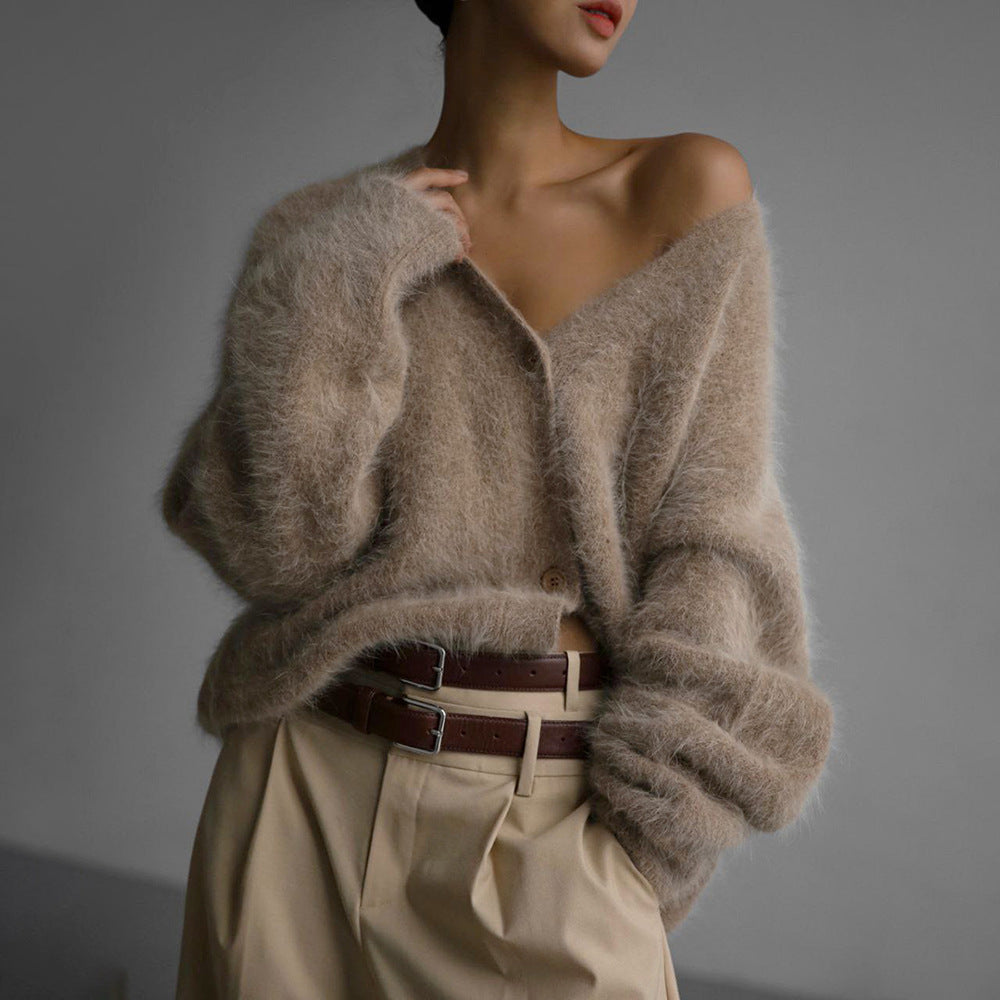 KKBOXLY Cross-border imitation mink knitted sweater cardigan Europe and America New autumn and winter lazy loose long-sleeved V-neck sweater jacket women