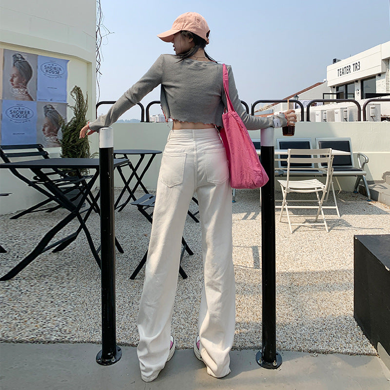 White Wide-Leg Jeans for Women 2024 Spring and Autumn New High Waist Straight Loose Slimming Small Mop Pants Trendy