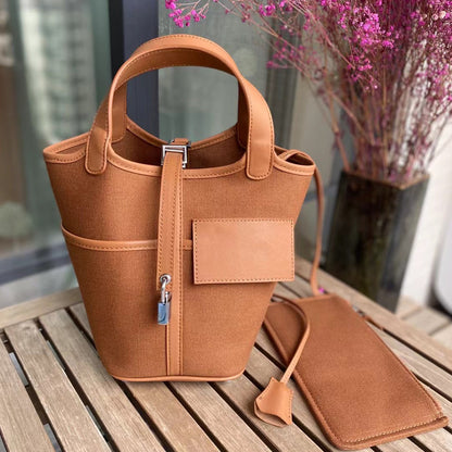 VLOVELAW 2025 Hot trade new vegetable basket bag swift cowhide with canvas splicing bucket bag fashionable casual hand bag