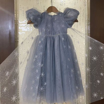 VLOVELAW Frozen Princess Elsa Elsa Puff Sleeve Gauze Dress Spring and Summer Girls' Princess Dress Dress Birthday Cloak Gift