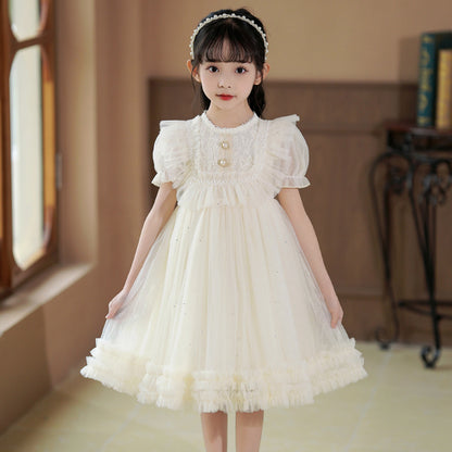 Girls' Dress Summer New Baby Puff Sleeve Lace Princess Dress Children's Performance Dress Puff Gauze Skirt