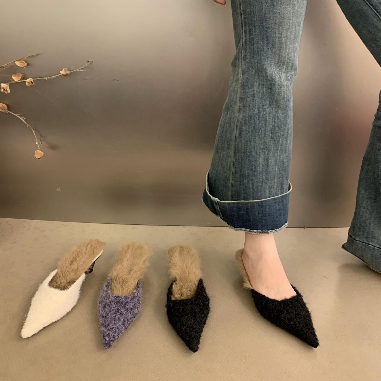 2025  fluffy high heels cool slippers women's wear versatile pointed stiletto bag head Muller semi-drag bag foot sandals