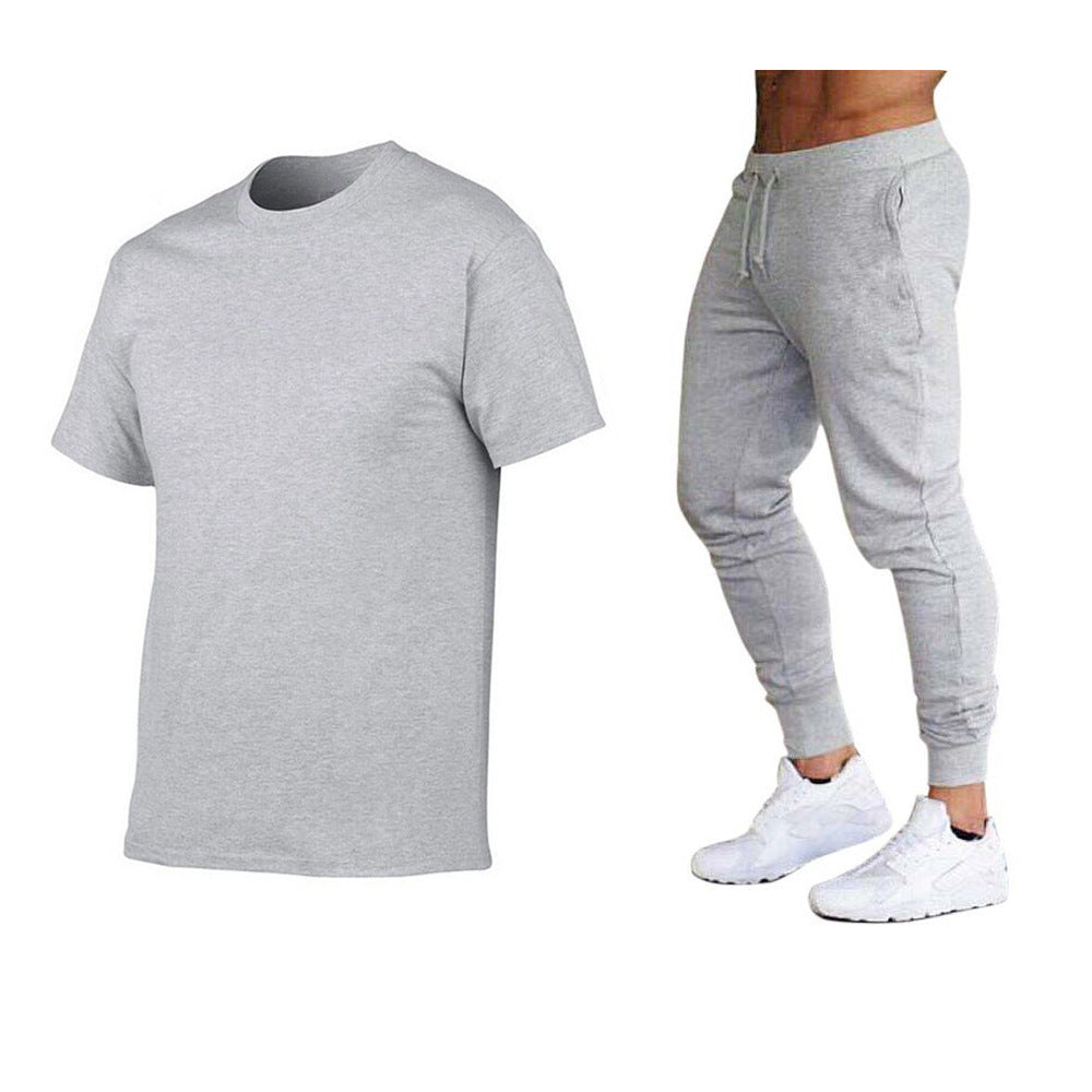 VLOVELAW  Summer Men's Solid Color Simple Set Crew Neck Cotton T-Shirt + Trousers Fashion Hundred. Match Two-piece Set