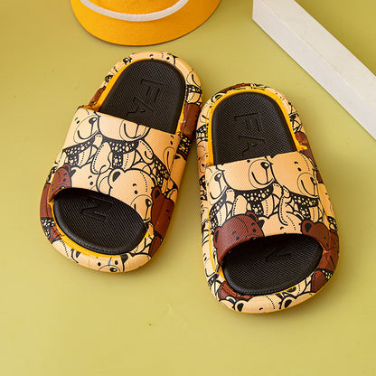 VLOVELAW Children's Printed Cartoon Big Bear Slippers Female Parent-Child Big Children Medium and Small Children Outer Wear Home Non-Slip Parent-Child Sandals