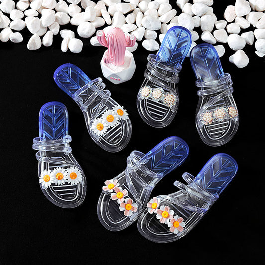 VLOVELAW Women's Single Two-Color Flower Summer Indoor Crystal Parent-Child Bath Plastic Home Bathroom Slippers for Children