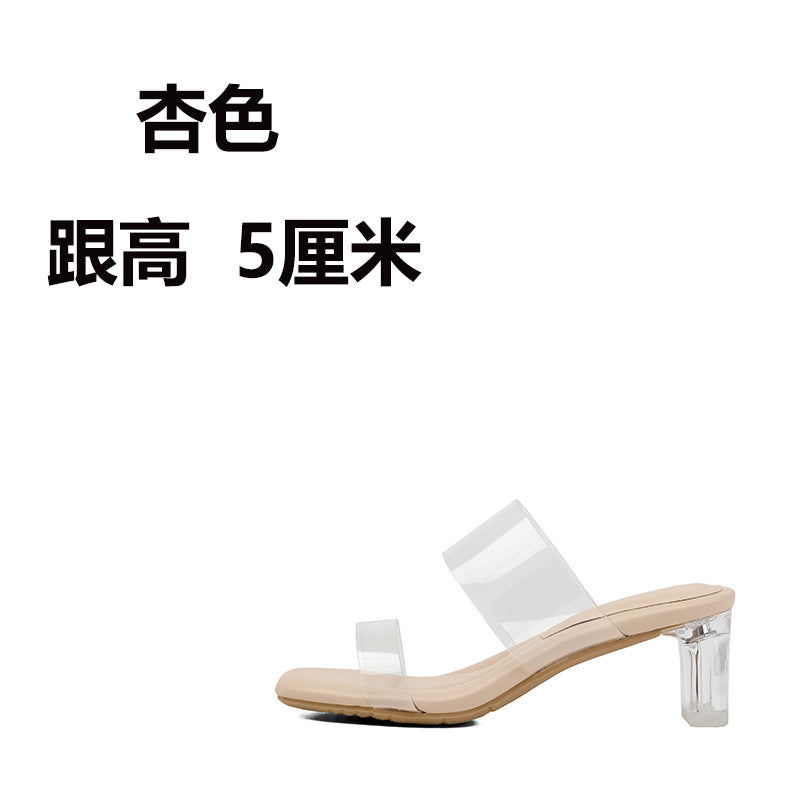 Sheepskin Droppings Transparent High Heel Women's Sandals  New Summer Outdoor Slippers Mid Heel Chunky Heel Crystal Heel Shoes