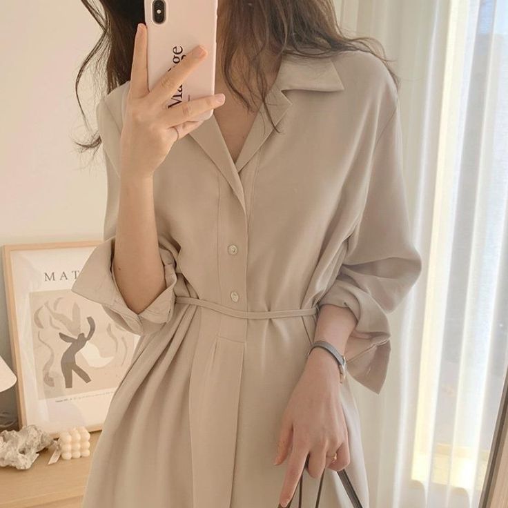 VLOVELAW South Korea Chic Minimalist All-Matching Lapel Single-Breasted Lace up Waist-Tight Slit Hemline at Hem Shirt Dress Women