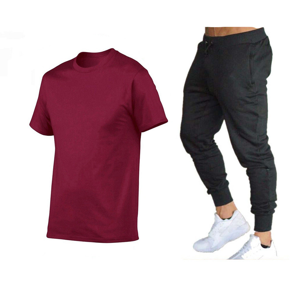 VLOVELAW  Summer Men's Solid Color Simple Set Crew Neck Cotton T-Shirt + Trousers Fashion Hundred. Match Two-piece Set