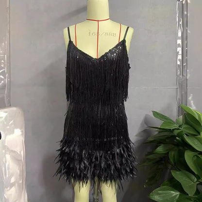 XIEYINSHE Gy2186 Fashion Tassel Sequins Feather Stitching Dress Dress  in Stock