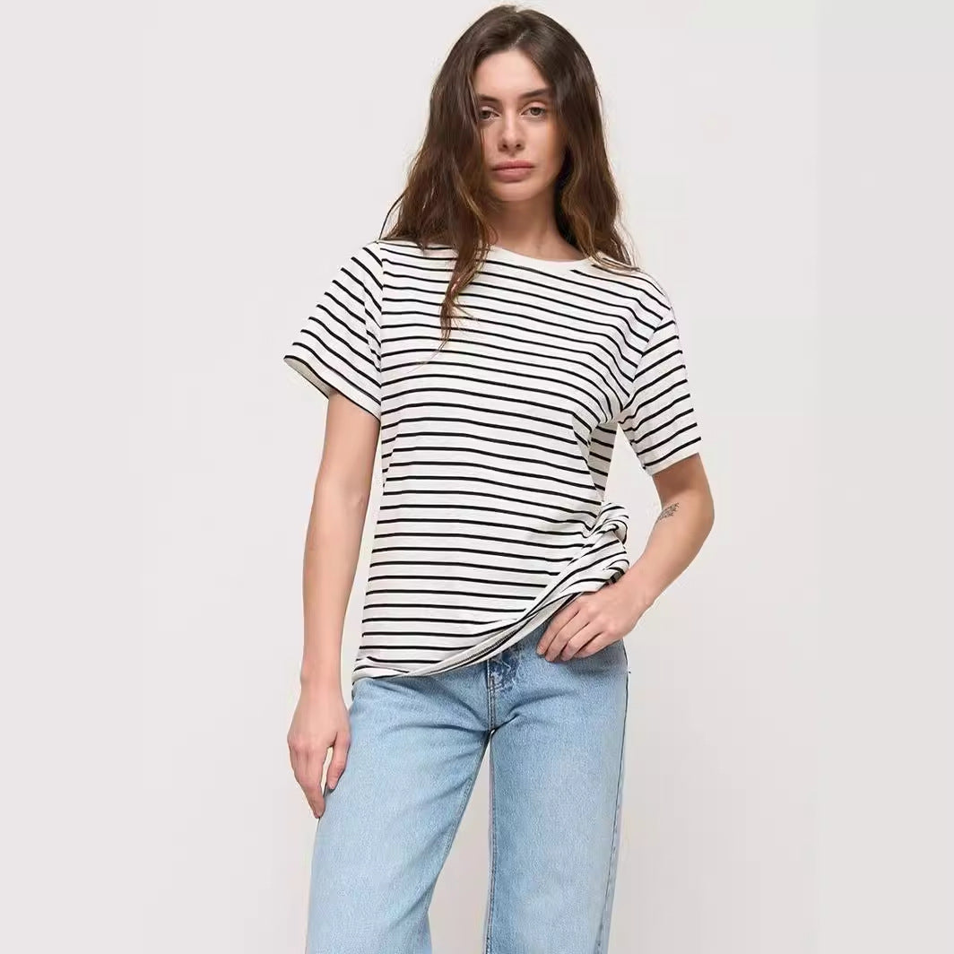 VLOVELAW  striped T-shirt 2025 popular summer women's new temperament commuting versatile round neck black and white striped short-sleeved T-shirt