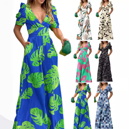 XIEYINSHE Women's Clothing European and American Foreign Trade Exclusive for Cross-Border Independent Station Printed V-neck Waist-Slimming Long Dress Short Sleeve Dress