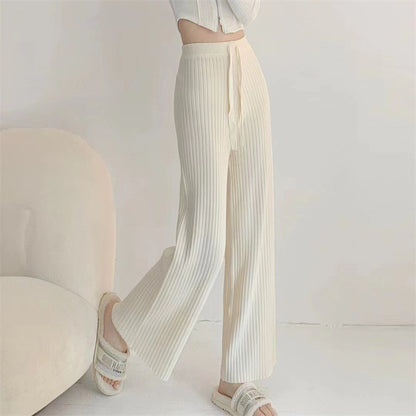 VLOVELAW Lazy pit strip white knitted wide-leg pants women's autumn and winter high waist drape straight loose casual versatile floor-mopping trousers