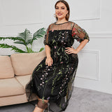 XIEYINSHE French Hepburn Style plus Size Dress Dress Women's Mesh Embroidered Banquet Party Long Dress 100.00kg Wear