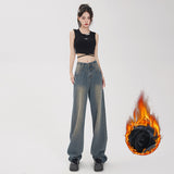 Hey Jeans Vintage Starry Sky Pattern Jeans Women's Spring and Autumn High Waist Loose and Slimming Wheat Wide-Leg Pants