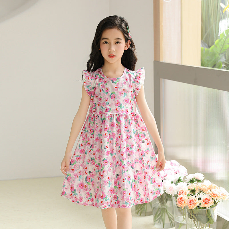 VLOVELAW Girls' Floral Dress Artificial Cotton Nightdress Summer Ruffles Flounced Sleeve Princess Dress Middle and Big Children Little Girl A- line Skirt