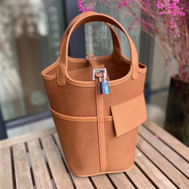 VLOVELAW 2025 Hot trade new vegetable basket bag swift cowhide with canvas splicing bucket bag fashionable casual hand bag