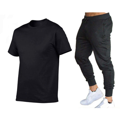 VLOVELAW  Summer Men's Solid Color Simple Set Crew Neck Cotton T-Shirt + Trousers Fashion Hundred. Match Two-piece Set