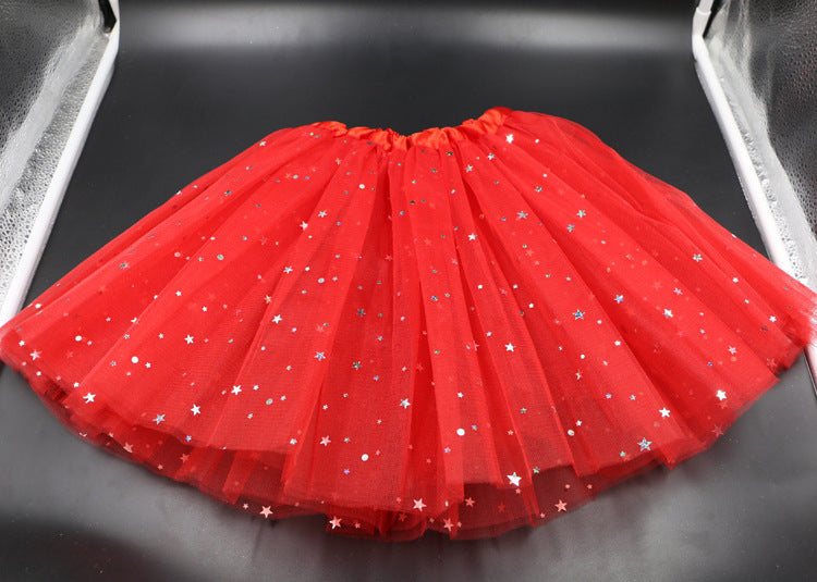 VLOVELAW Dance Tutu Skirt Children's Day Performance Skirt Princess Dress Girl's Three-Layer Mesh Sequins Five-Pointed Star Half-Length Pettiskirt