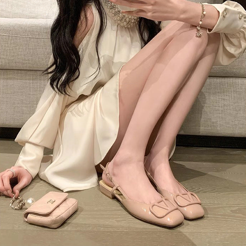 VLOVELAW  Su Cojin Same Style Princess Deer ~ Square Toe V Buckle Closed Toe Back Empty Nude Pink Flat Sandals for Women Commuter Shoes 2024