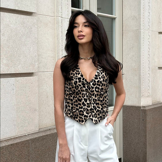 VLOVELAW  leopard print vest, 2025 summer new popular 2025n slim-fit pure cotton top, Spice Girl leopard print vest