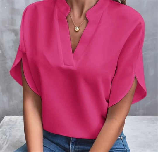 VLOVELAW Foreign Trade  Summer New V-neck Shirt Women's Pure Color Casual Versatile European and American Short Sleeve Pullover Shirt