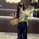 VLOVELAW Summer New Fashion Floral Short Sleeve Shirt Top All-Match Slimming and Straight Jeans Two-Piece Suit for Women